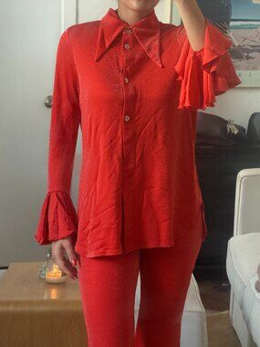 Sleeper Red Lurex Shirt with Ruffle Cuffs — Small, NWOT